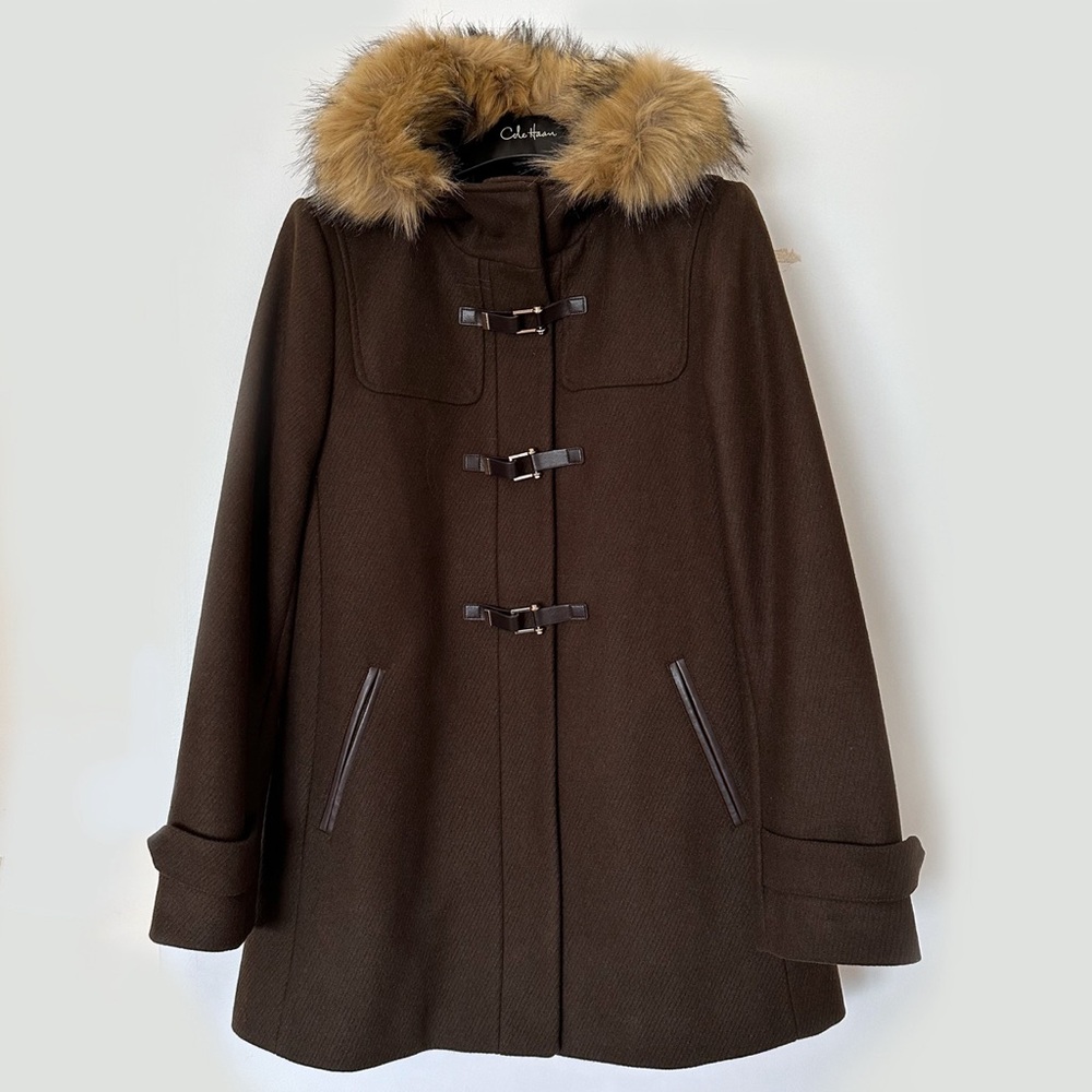 NEW Cole Haan Women Brown Wool Hooded Faux Fur Coat